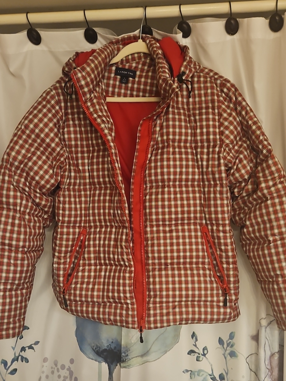 Lands' End Men's Red and White Plaid Quilted Puffer Jacket